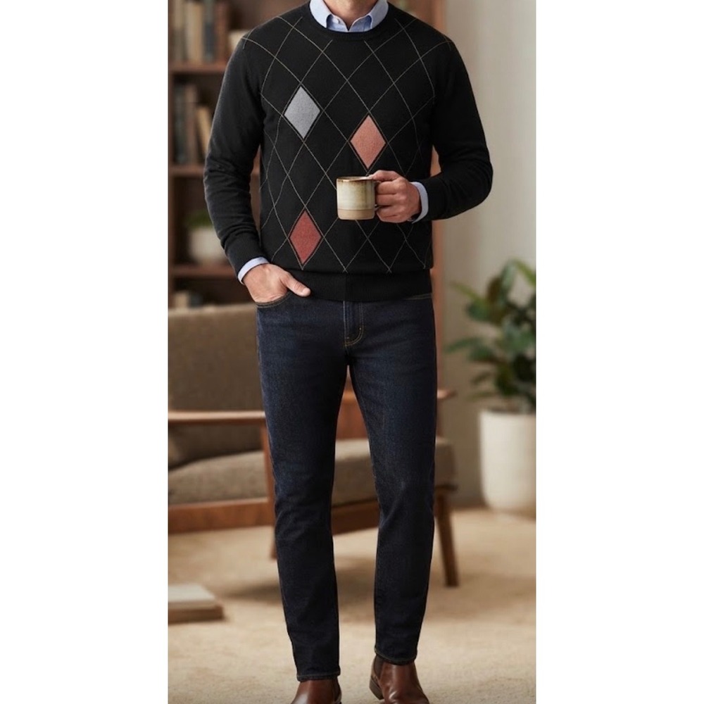 Raffi Men's XL Black 100% Pure Cashmere Argyle Pattern Crew Neck Sweater
